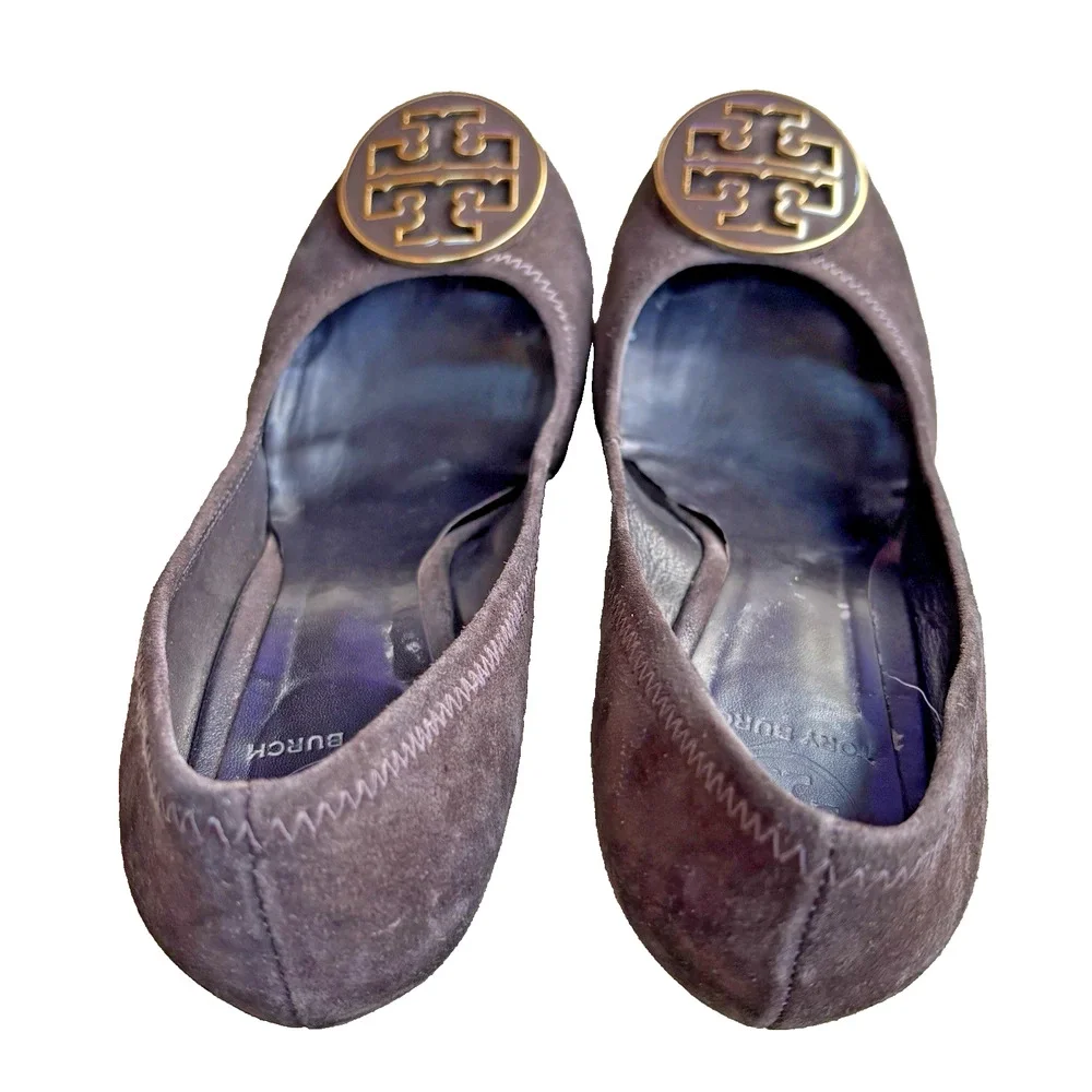 Tory Burch Brown Suede Pumps Wedge High Heels Round Logo Shoes Ladies US 9.5M